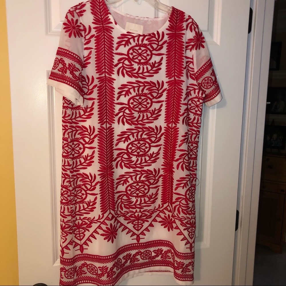 all:row red embroidered dress